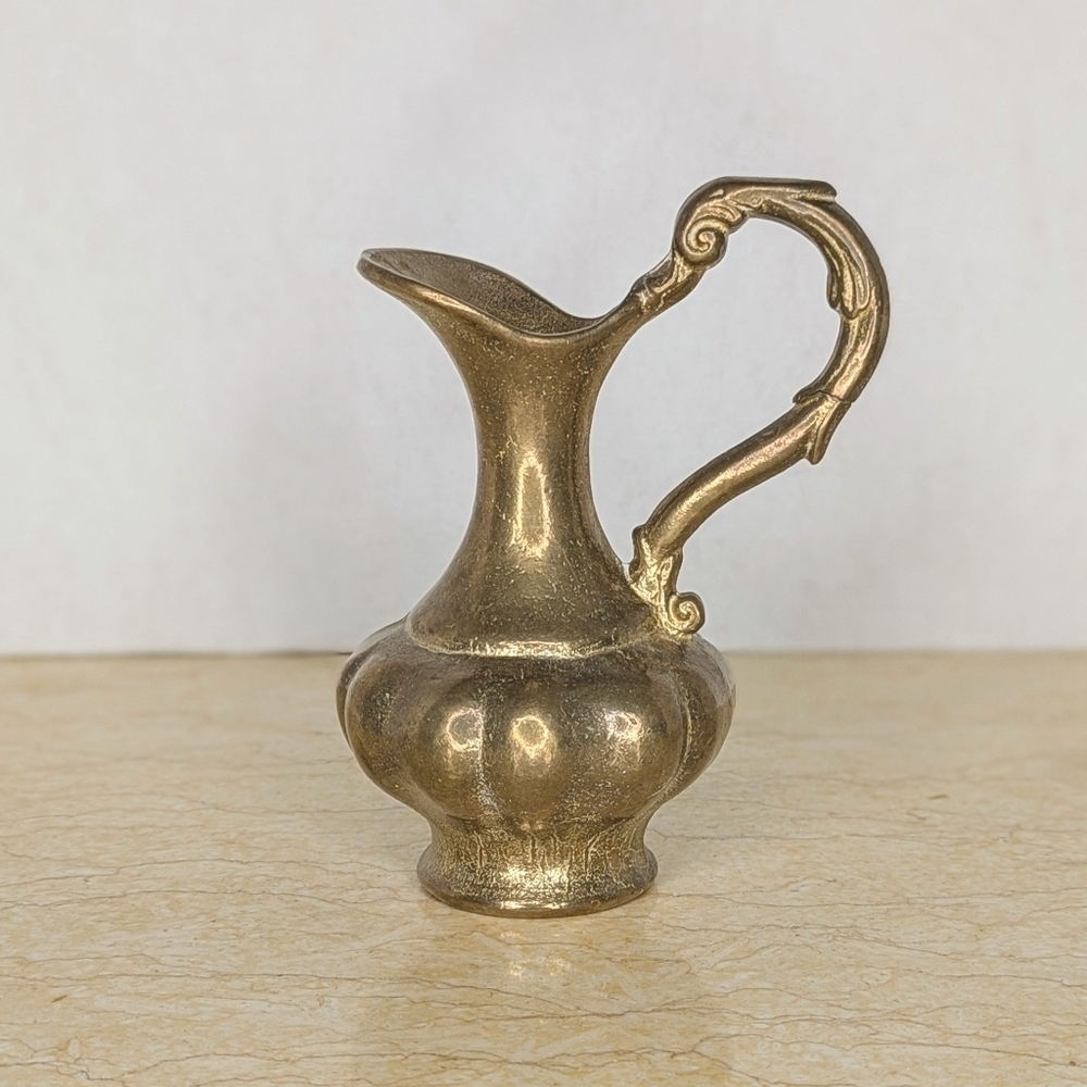 Vintage Heavy Brass Small Victorian Pitcher Jug Swan Handle Cottagecore